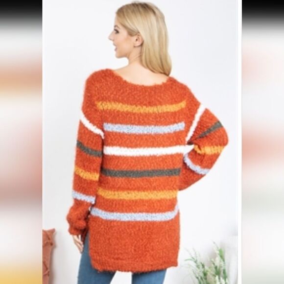 Macaron V Neck Long Striped Pulled Knit Sweater - Picture 2 of 8
